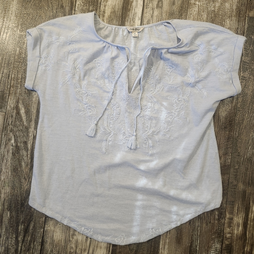 Lucky Brand Embroidered Tassel Peasant Top – Size M Feminine Delicate Blue - Picture 2 of 3